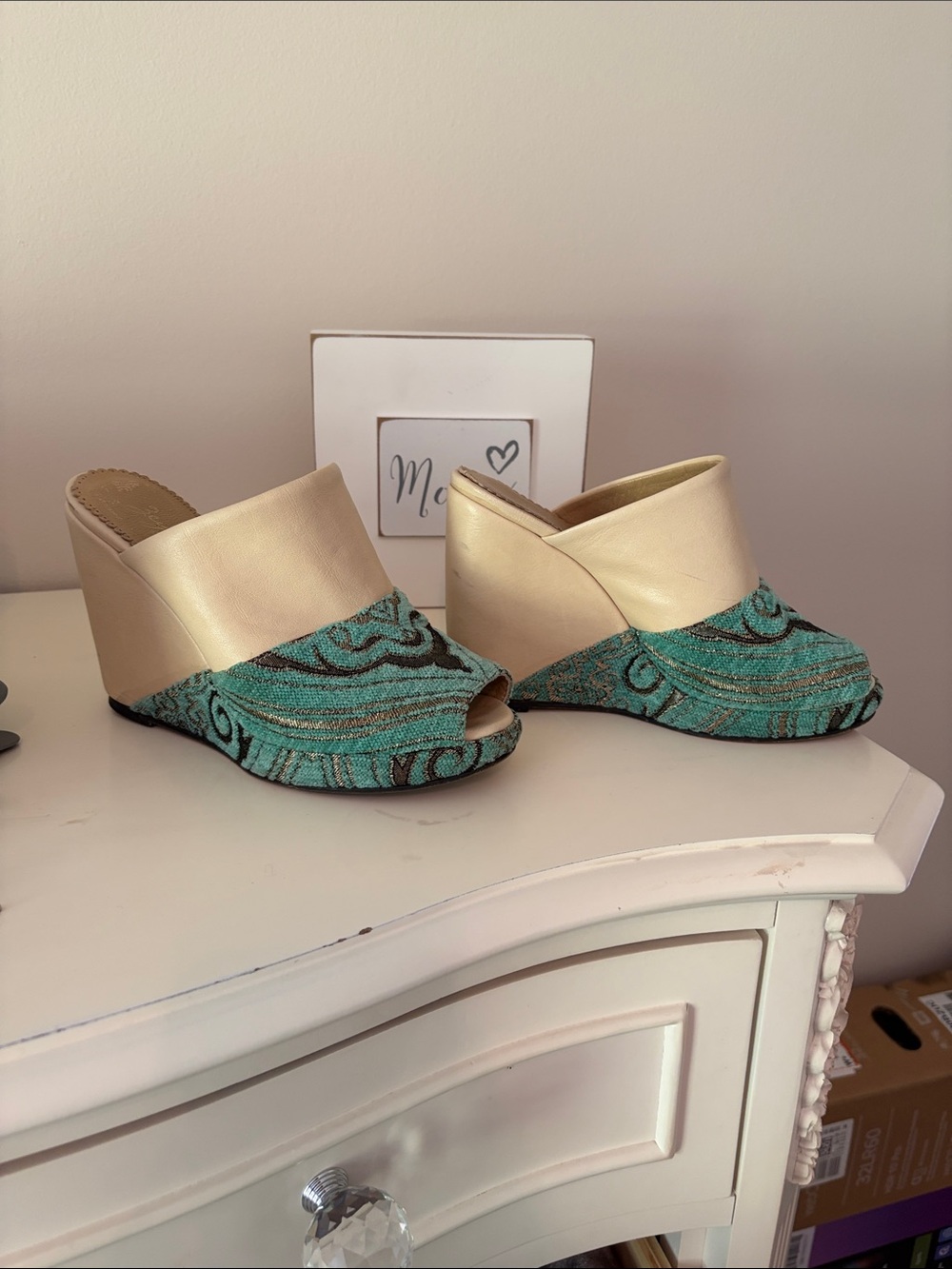 Gold and Teal Patterned Wedge Mules - Women
